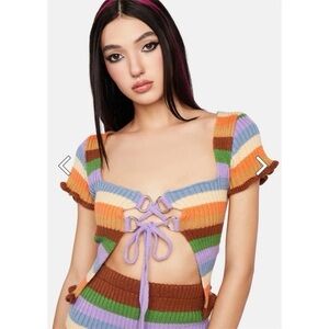 The Ragged Priest Sz M Striped Knit Colorful Open Front Cropped Top